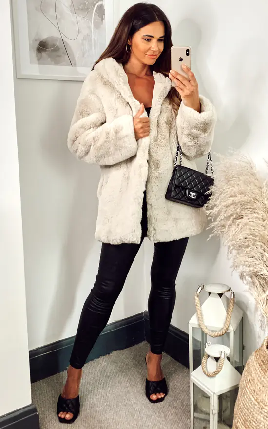 Stone Hooded Faux Fur Jacket