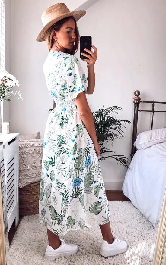 V Neck Botanical Leaf Print Maxi Dress With Smock Waist - Image 4