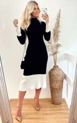 Soft Knitted Ribbed Midi Bodycon Dress In Black Cream Contrast Design