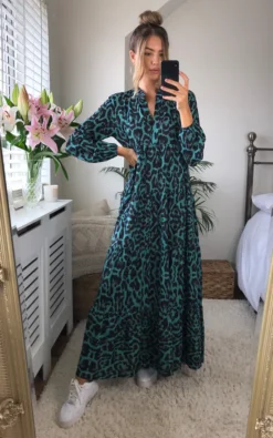 Animal Print Green Long Sleeve Tiered Maxi Dress