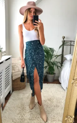 Abstract Print Wrap Skirt In Emerald Green