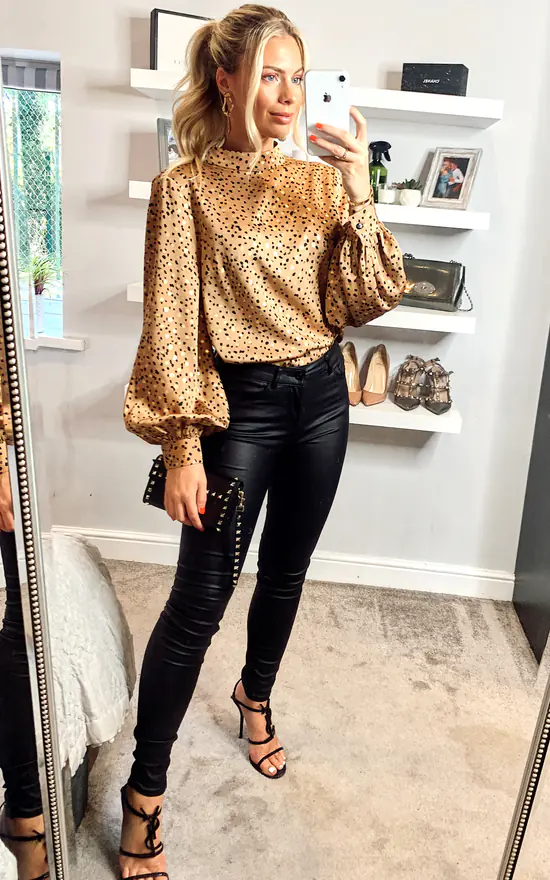 Brown Gold High Neck Satin Blouse - Image 4