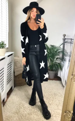 Star Print Long Cardigan In Black