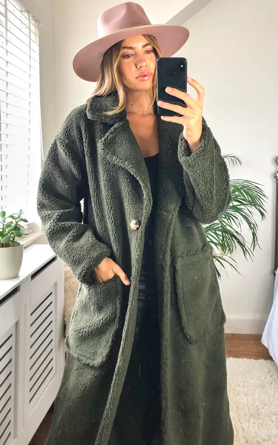 Khaki Longline Teddy Coat - Image 4