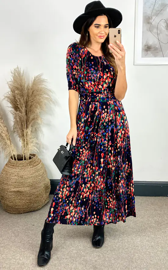 Abstract Floral Print Maxi Dress, Navy Multi - Image 2