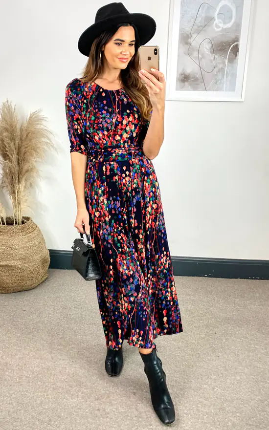 Abstract Floral Print Maxi Dress, Navy Multi - Image 4