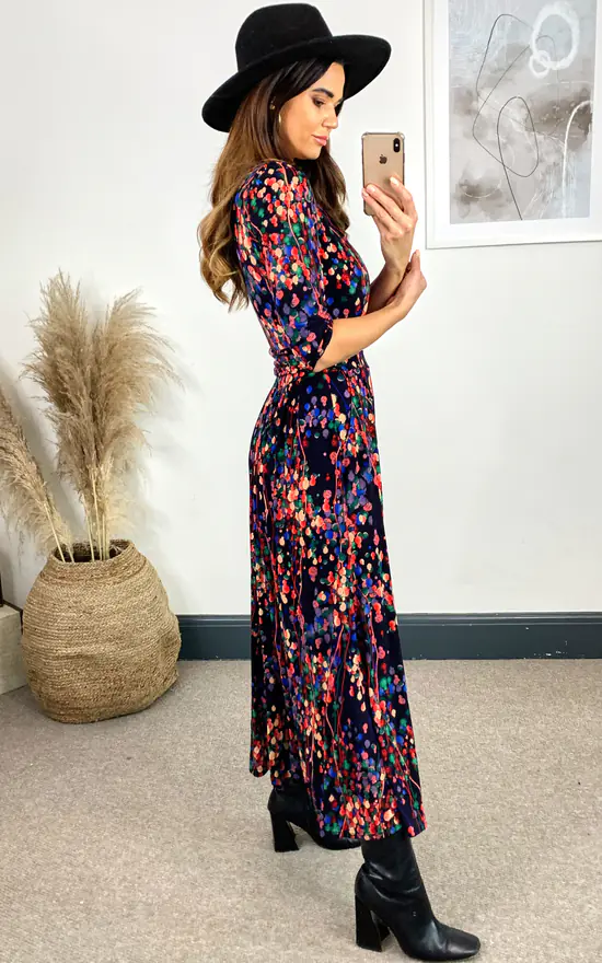 Abstract Floral Print Maxi Dress, Navy Multi - Image 3