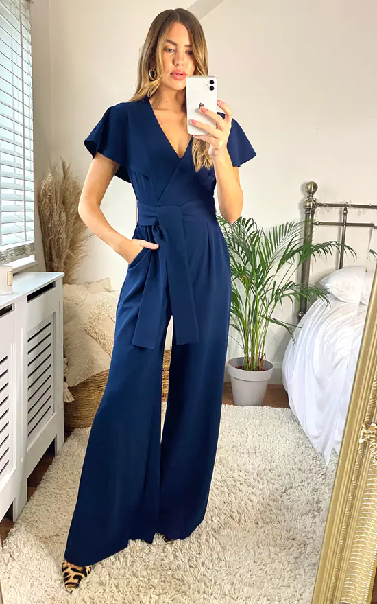 Chloe Cape Sleeve Wide Leg Jumpsuit With Tie - Image 2