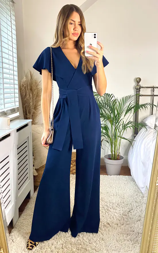 Chloe Cape Sleeve Wide Leg Jumpsuit With Tie