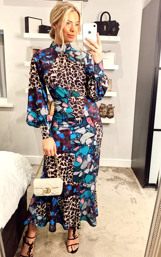 Multi Print Long Chiffon High Neck Tea Dress - Image 2