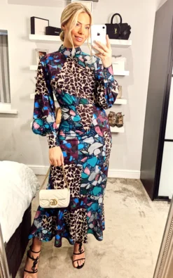 Multi Print Long Chiffon High Neck Tea Dress