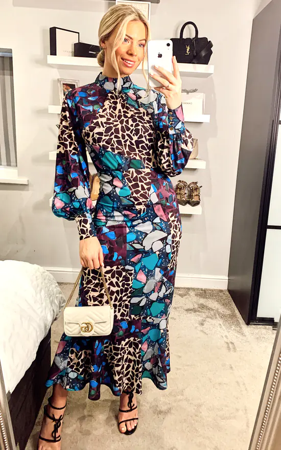 Multi Print Long Chiffon High Neck Tea Dress