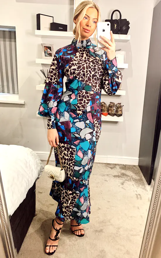 Multi Print Long Chiffon High Neck Tea Dress - Image 4