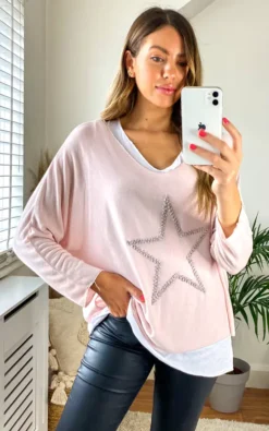 Star Embellished Two Piece Top In Soft Pink