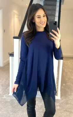 Apricot Navy Waterfall Hem Roll Sleeve Top