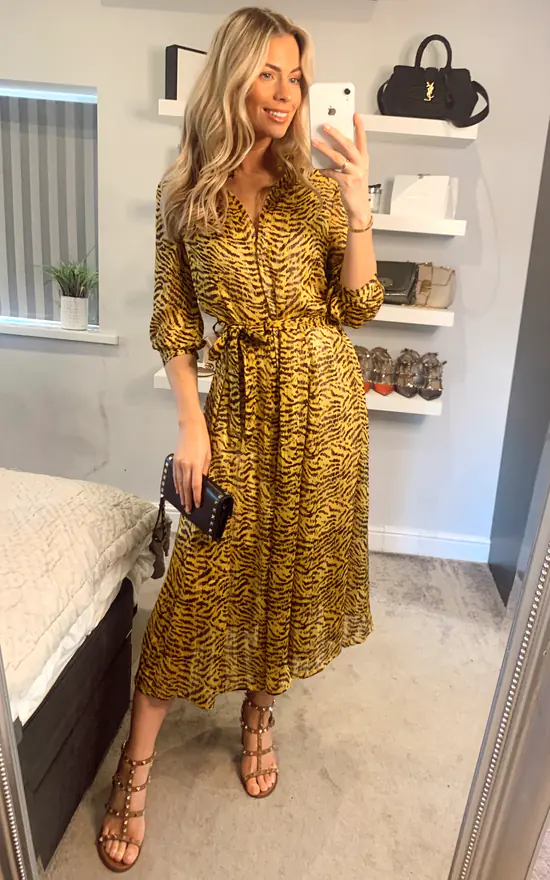 Mustard Tiger Printed Long Shirt Dress With Lined Body