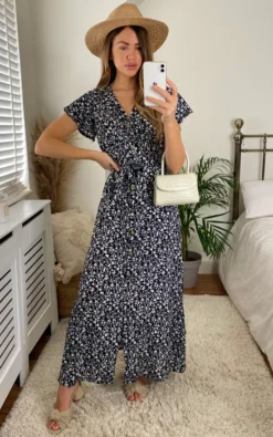 Belted Floral Maxi Dress In Black