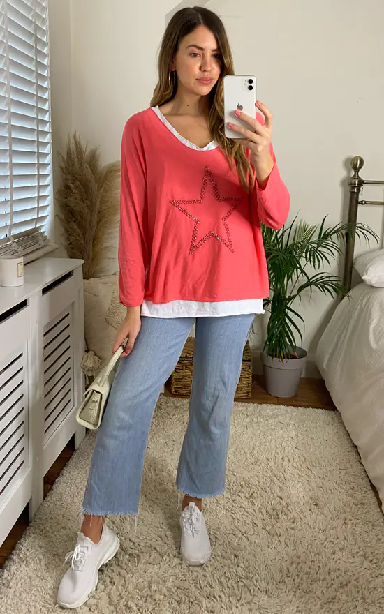 Star Embellished Two Piece Top In Coral Pink - Image 3