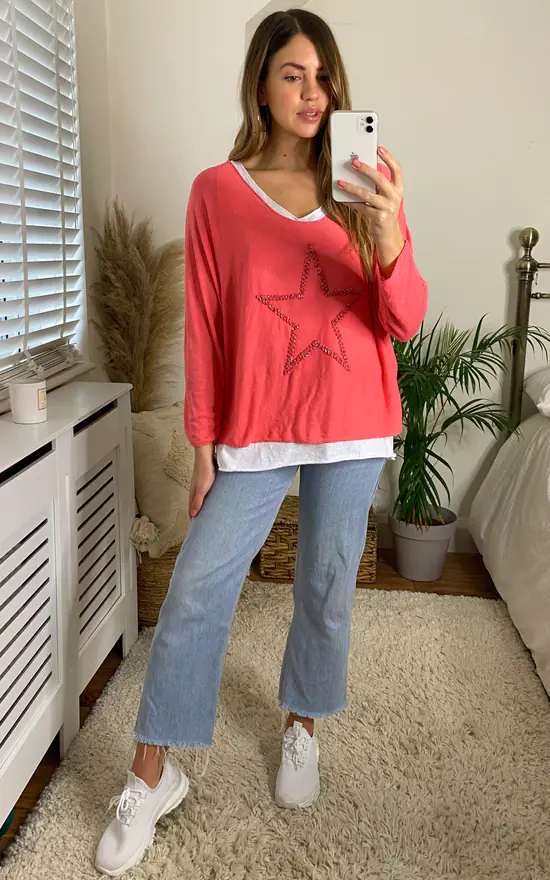 Star Embellished Two Piece Top In Coral Pink - Image 4