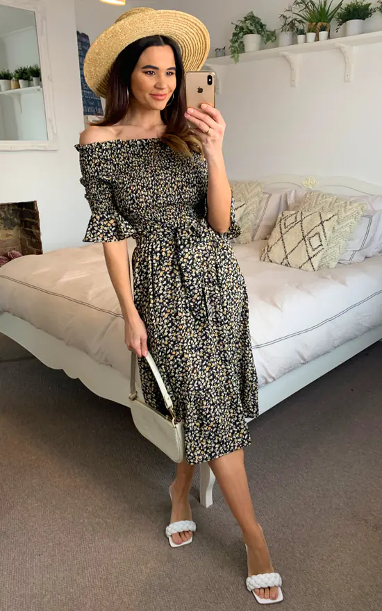 Off Shoulder Tiered Midi Dress In Black Ditsy Floral