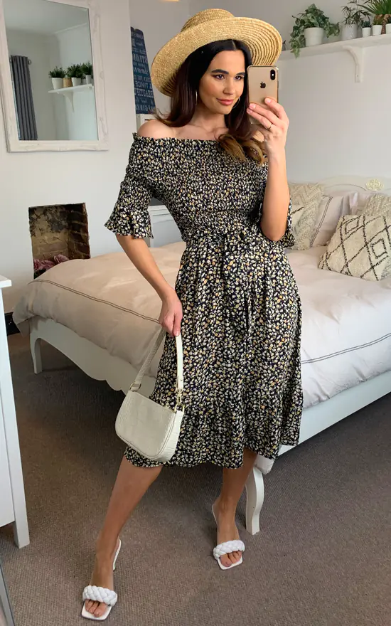 Off Shoulder Tiered Midi Dress In Black Ditsy Floral - Image 4