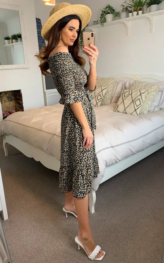 Off Shoulder Tiered Midi Dress In Black Ditsy Floral - Image 3