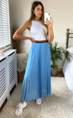 Sky Blue Pleated Maxi Skirt With Elasticated Waistband