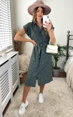 ONLY Midi Shirt Dress In Green Animal Print