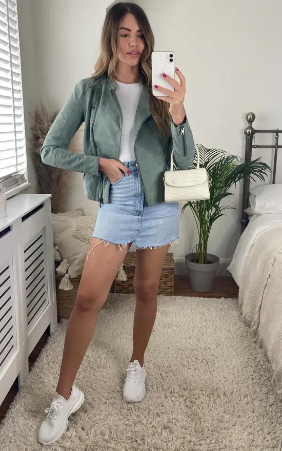 ONLY Faux Leather Biker Jacket In Green - Image 4