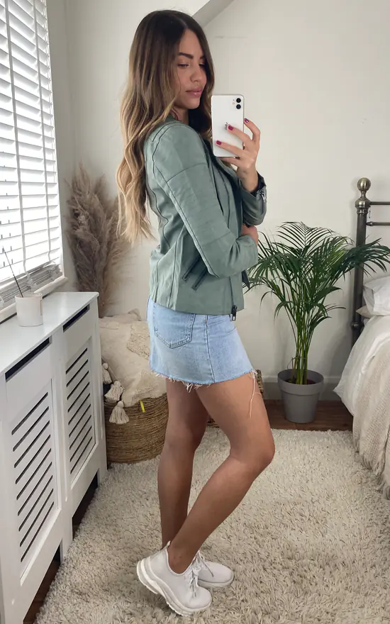 ONLY Faux Leather Biker Jacket In Green - Image 3