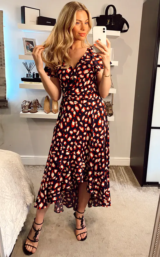 Printed Ruffle Dip Hem Maxi Dress, Navy Animal - Image 2