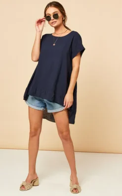 Dipped Frill Hem T Shirt Top In Navy