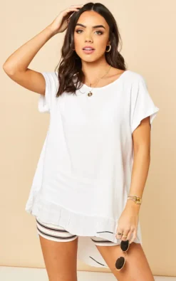 Dipped Frill Hem T Shirt Top In White