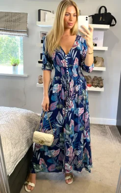 Multi Print Feather Buttoned Midi Dress In Navy