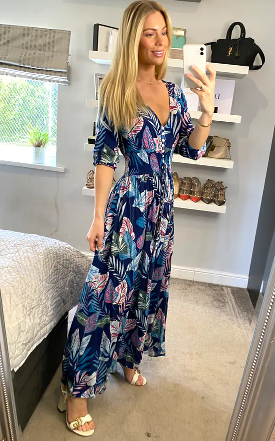 Multi Print Feather Buttoned Midi Dress In Navy - Image 3