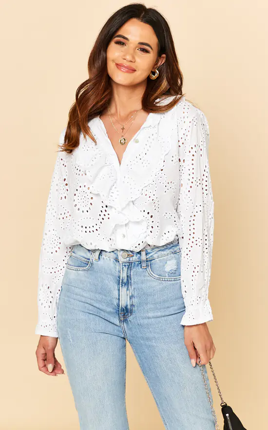 Broderie Blouse With Frill Detail In White - Image 2