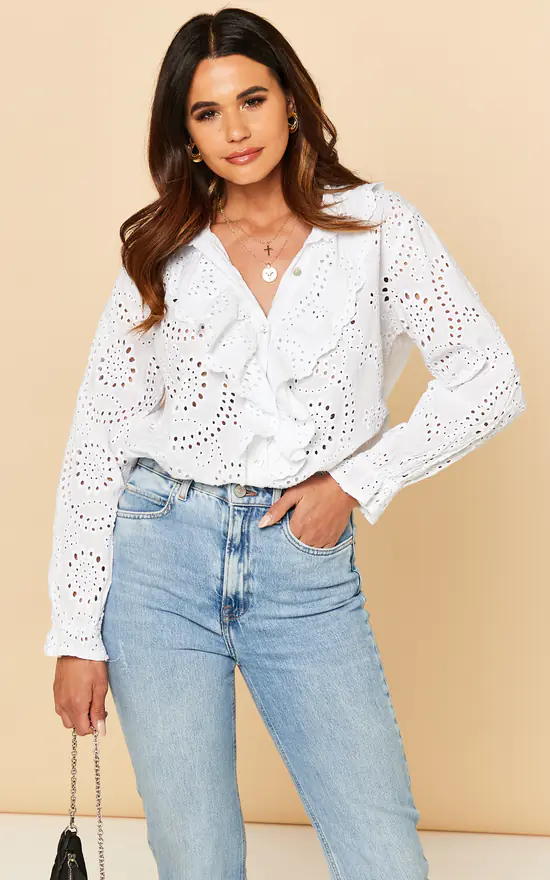 Broderie Blouse With Frill Detail In White