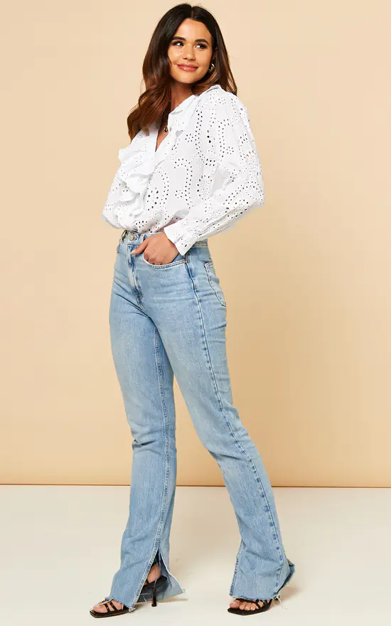 Broderie Blouse With Frill Detail In White - Image 3