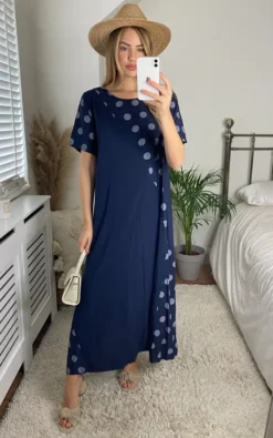Maxi Oversized T Shirt Dress In Navy Polka Dot