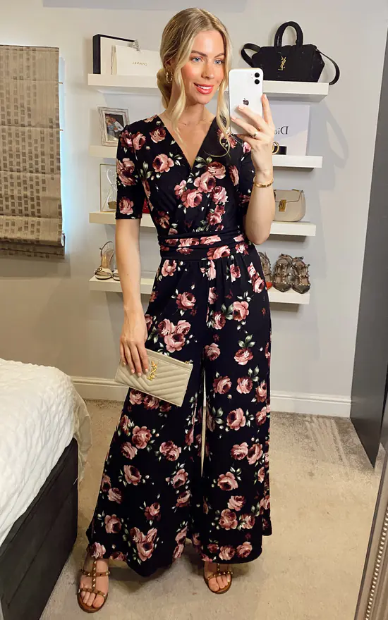 Jolie Moi Bailee Wrap Jersey Jumpsuit, Black Floral