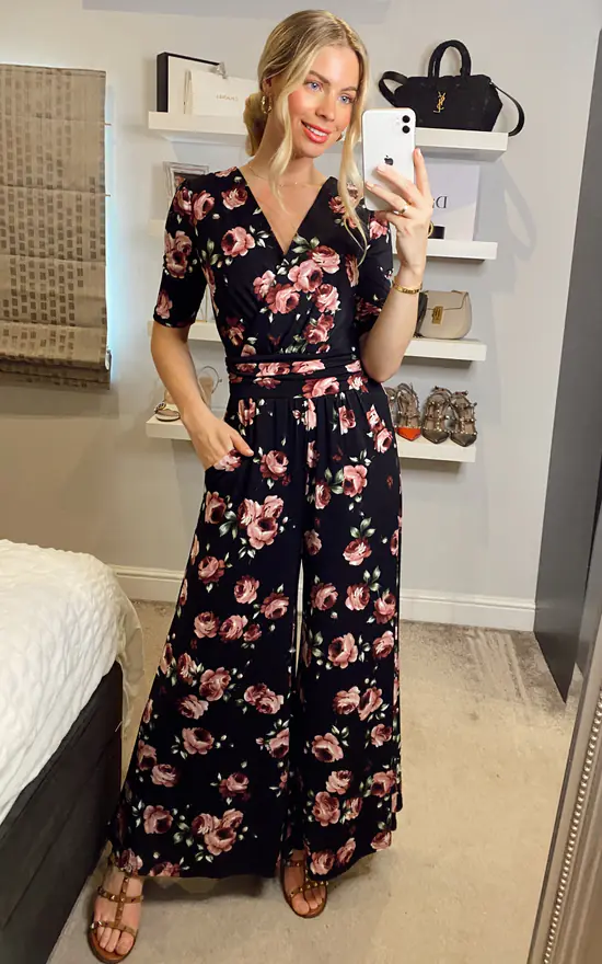 Jolie Moi Bailee Wrap Jersey Jumpsuit, Black Floral - Image 2
