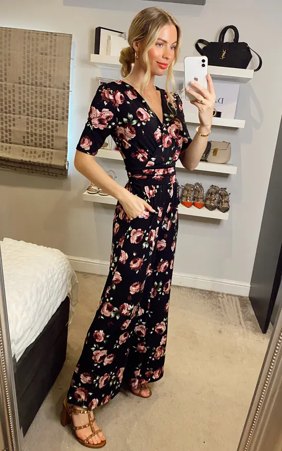 Jolie Moi Bailee Wrap Jersey Jumpsuit, Black Floral - Image 3