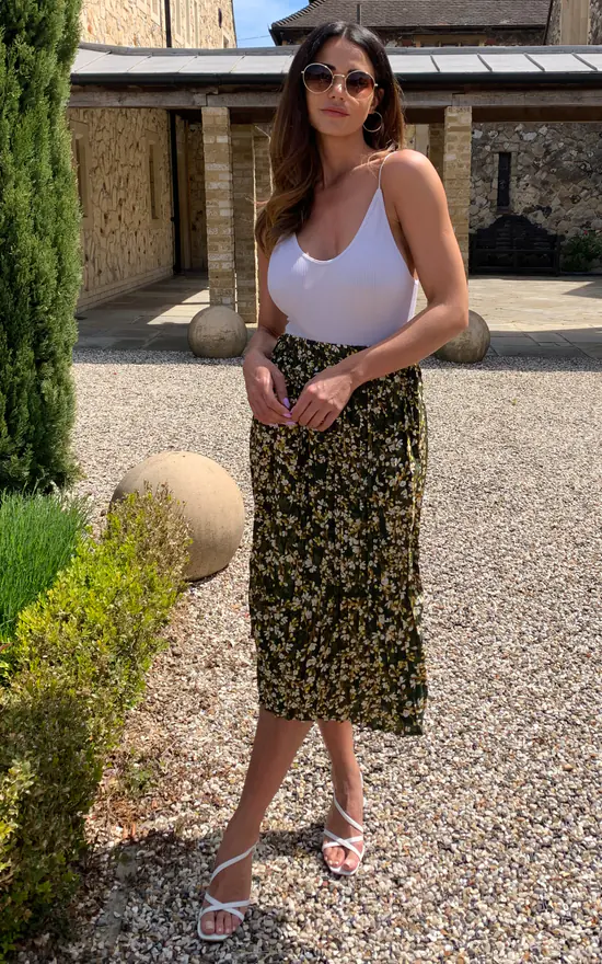 Green Floral Print Pleated Midi Skirt With Elasticated Waistband - Image 2