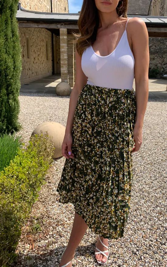 Green Floral Print Pleated Midi Skirt With Elasticated Waistband - Image 4
