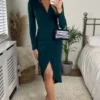 Long Sleeve Midi Wrap Style Green Dress