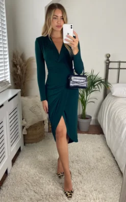 Long Sleeve Midi Wrap Style Green Dress