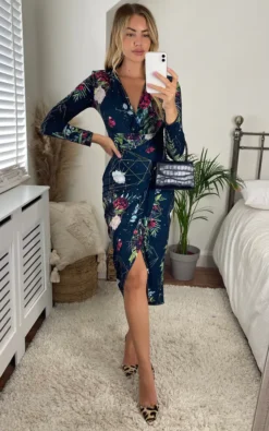 Long Sleeve Midi Wrap Style Dress In Geometric Floral Print