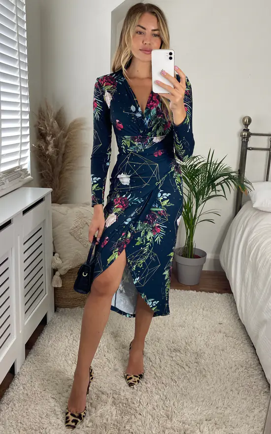 Long Sleeve Midi Wrap Style Dress In Geometric Floral Print - Image 2