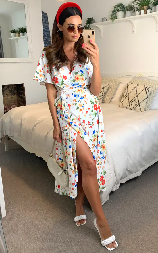 Floral Wrap Midi Dress In White - Image 2
