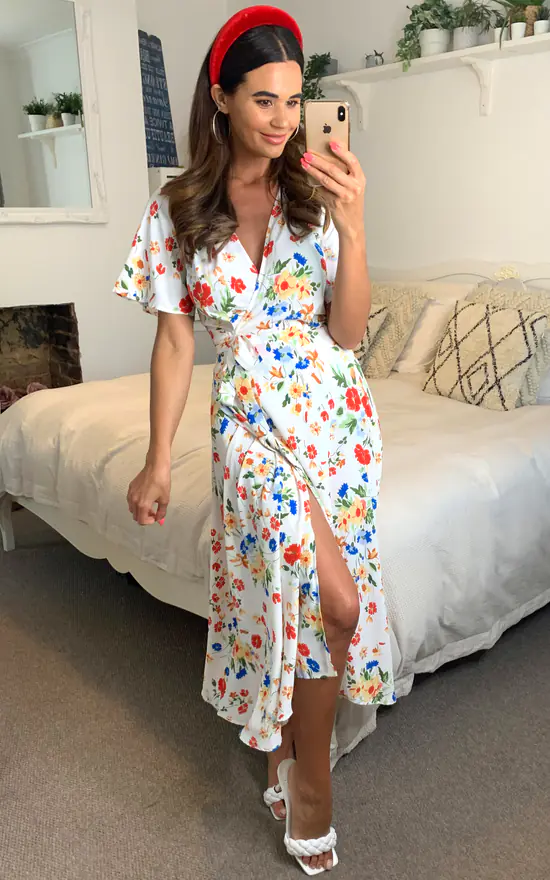 Floral Wrap Midi Dress In White